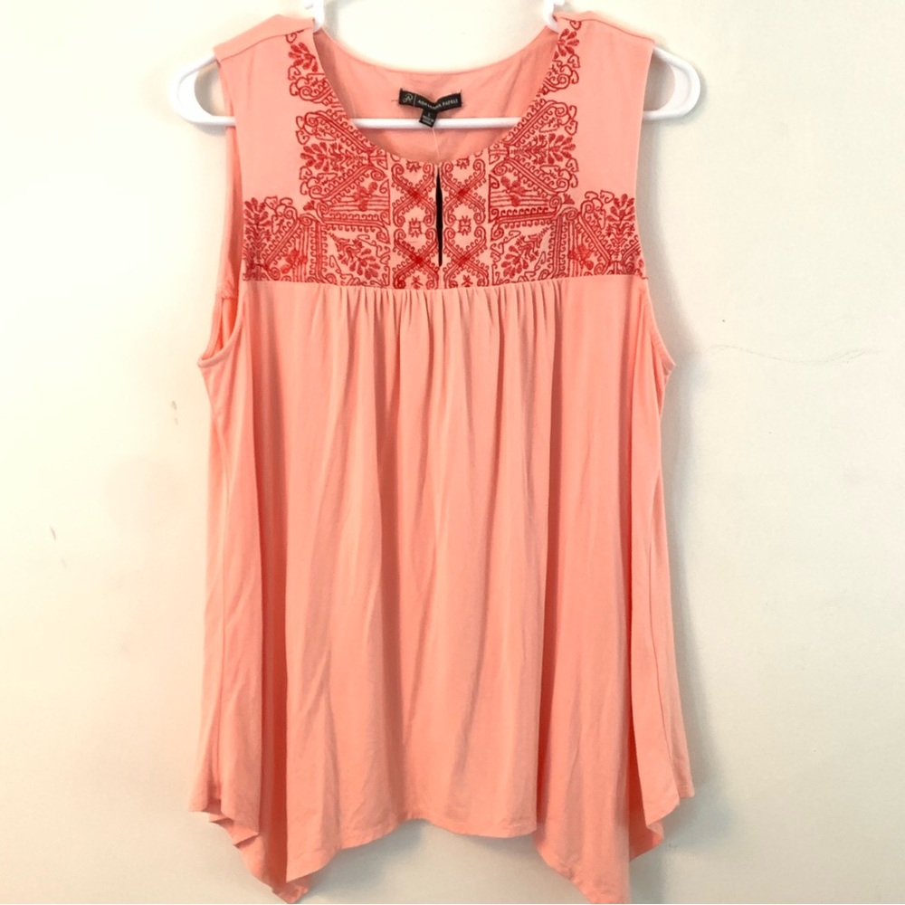 Adrianna Papell L embroidered peach color tank top Asymmetrical Hem NWT